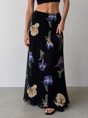 Le Chateau Black Iris Floral Print Maxi Skirt